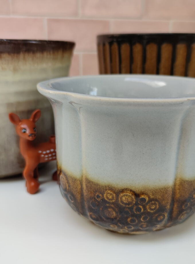 Vintage Retro Soft Blue Dotted Brown Flower Pot